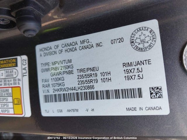40072752 :رقم المزاد ، 2HKRW2H44LH230866 vin ، 2020 Honda Cr-v مزاد بيع
