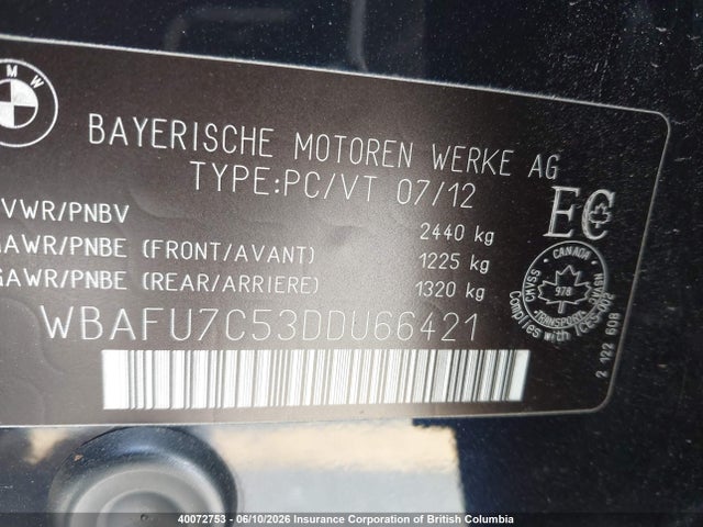 2013 Bmw 535i მანქანა იყიდება აუქციონზე, vin: WBAFU7C53DDU66421, აუქციონის ნომერი: 40072753