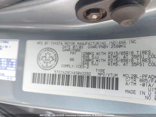 Продажа на аукционе авто 2004 Toyota Sienna Ce, vin: 5TDZA29CX4S043292, номер лота: 40072755