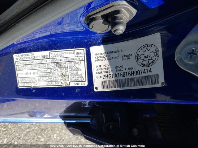 Auction sale of the 2006 Honda Civic, vin: 2HGFA16816H007474, lot number: 40072756