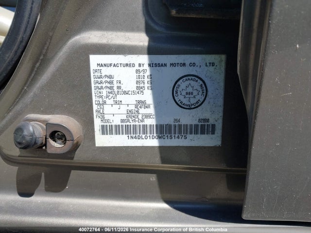 Aukcja sprzedaży 1998 Nissan Altima Gle/gxe/se/xe, vin: 1N4DL01D0WC151475, numer aukcji: 40072764