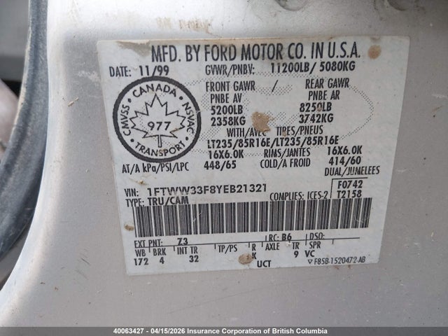2000 Ford F350 Super Duty მანქანა იყიდება აუქციონზე, vin: 1FTWW33F8YEB21321, აუქციონის ნომერი: 40063427