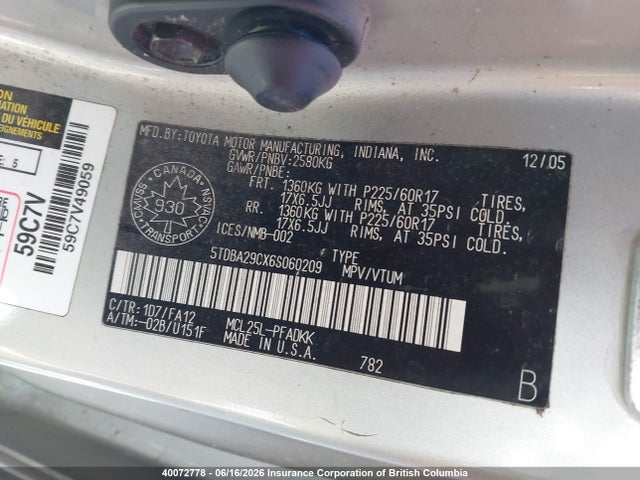 40072778 :رقم المزاد ، 5TDBA29CX6S060209 vin ، 2006 Toyota Sienna Ce 7 Passenger مزاد بيع