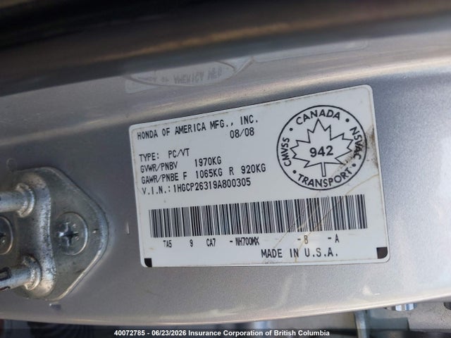 Aukcja sprzedaży 2009 Honda Accord Lx, vin: 1HGCP26319A800305, numer aukcji: 40072785