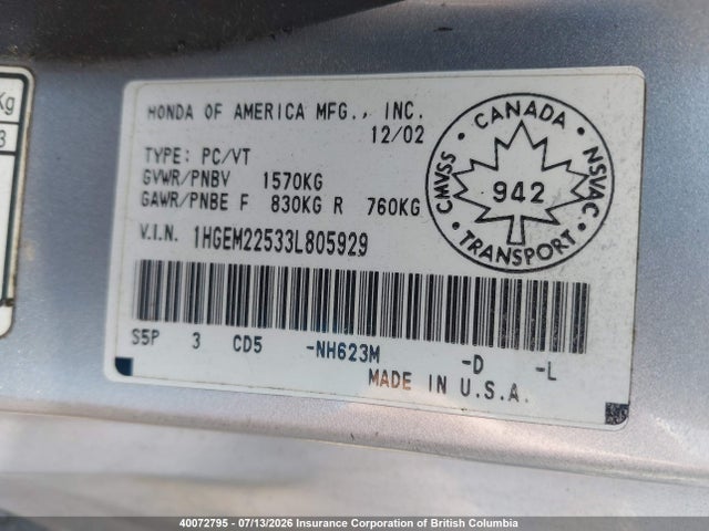 Продаж на аукціоні авто 2003 Honda Civic, vin: 1HGEM22533L805929, номер лоту: 40072795