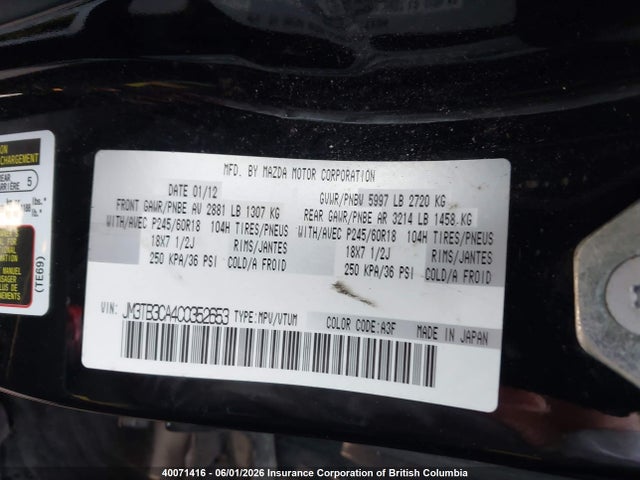 2012 Mazda Cx-9 მანქანა იყიდება აუქციონზე, vin: JM3TB3CA4C0352653, აუქციონის ნომერი: 40071416