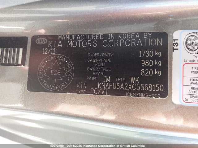 Aukcja sprzedaży 2012 Kia Forte, vin: KNAFU6A2XC5568150, numer aukcji: 40072799