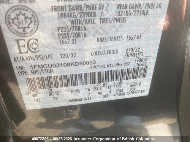 40072805 :رقم المزاد ، 1FMCU03108KD90003 vin ، 2008 Ford Escape Xlt مزاد بيع