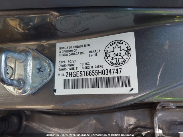 Продажа на аукционе авто 2005 Honda Civic Sdn, vin: 2HGES16655H034747, номер лота: 40069135