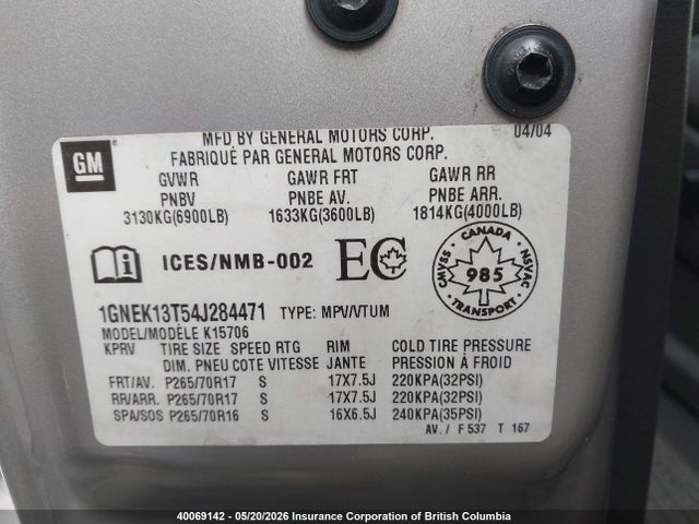 Продаж на аукціоні авто 2004 Chevrolet Tahoe K1500, vin: 1GNEK13T54J284471, номер лоту: 40069142