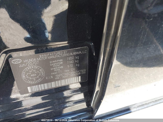 2008 Hyundai Sonata Gls მანქანა იყიდება აუქციონზე, vin: 5NPET46C48H342569, აუქციონის ნომერი: 40072810