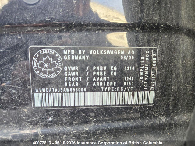 2010 Volkswagen Golf მანქანა იყიდება აუქციონზე, vin: WVWDA7AJ5AW098004, აუქციონის ნომერი: 40072813