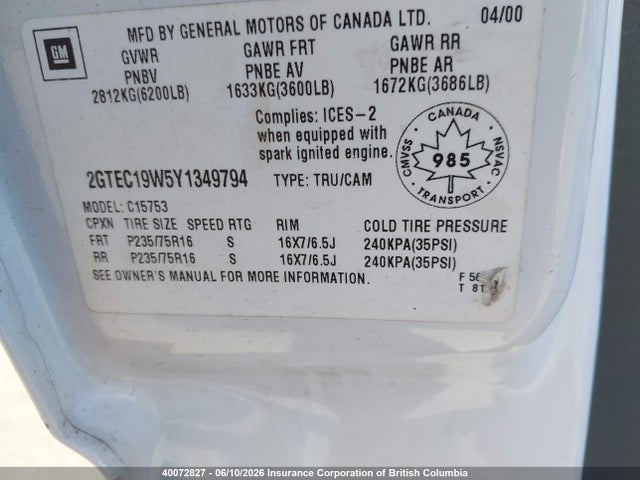 Продаж на аукціоні авто 2000 Gmc New Sierra C1500, vin: 2GTEC19W5Y1349794, номер лоту: 40072827