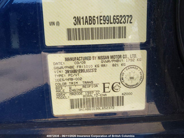 Продаж на аукціоні авто 2009 Nissan Sentra 2.0s, vin: 3N1AB61E99L652372, номер лоту: 40072835
