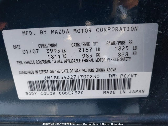 2007 Mazda 3 Hatchback მანქანა იყიდება აუქციონზე, vin: JM1BK343271700230, აუქციონის ნომერი: 40072849