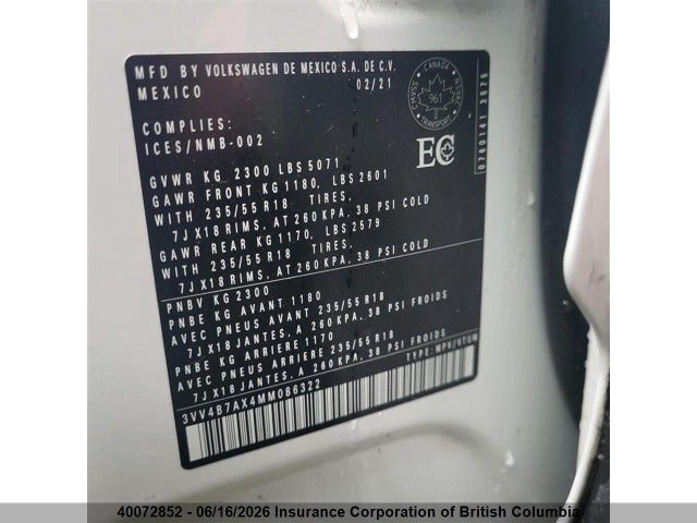 40072852 :رقم المزاد ، 3VV4B7AX4MM086322 vin ، 2021 Volkswagen Tiguan Sel Premium R-line مزاد بيع