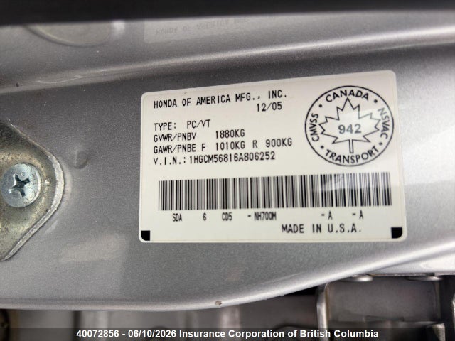 Aukcja sprzedaży 2006 Honda Accord Ex, vin: 1HGCM56816A806252, numer aukcji: 40072856