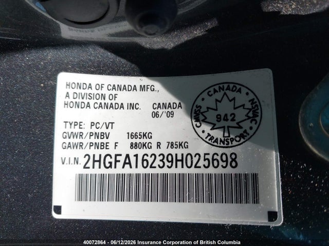 Aukcja sprzedaży 2009 Honda Civic, vin: 2HGFA16239H025698, numer aukcji: 40072864