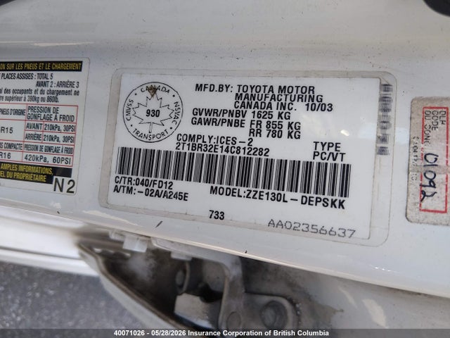 Aukcja sprzedaży 2004 Toyota Corolla Ce/le/s, vin: 2T1BR32E14C812282, numer aukcji: 40071026