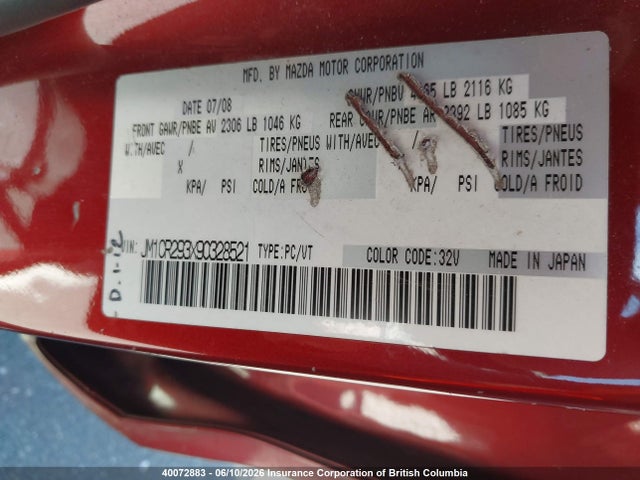 2009 Mazda 5 მანქანა იყიდება აუქციონზე, vin: JM1CR293X90328521, აუქციონის ნომერი: 40072883