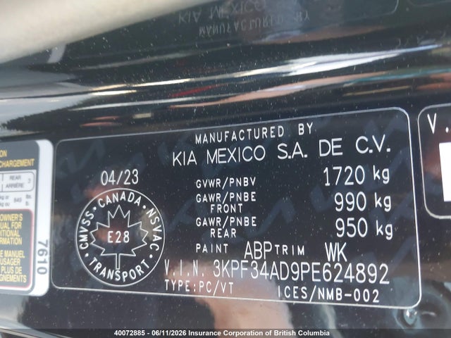 40072885 :رقم المزاد ، 3KPF34AD9PE624892 vin ، 2023 Kia Forte مزاد بيع
