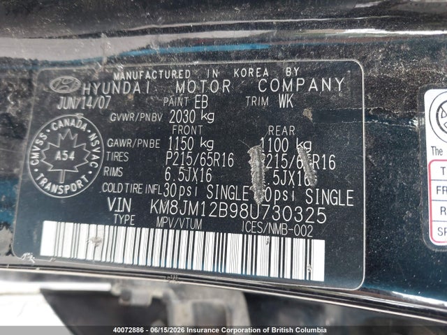 2008 Hyundai Tucson Gls მანქანა იყიდება აუქციონზე, vin: KM8JM12B98U730325, აუქციონის ნომერი: 40072886