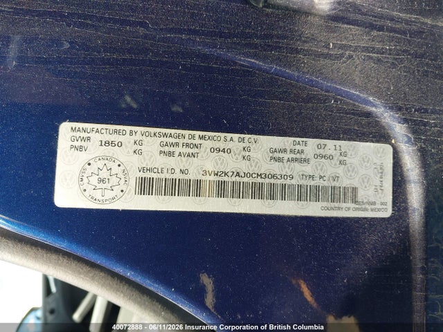 Продажа на аукционе авто 2012 Volkswagen Jetta, vin: 3VW2K7AJ0CM306309, номер лота: 40072888