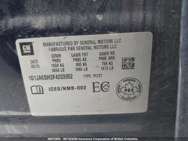 2015 Chevrolet Sonic მანქანა იყიდება აუქციონზე, vin: 1G1JA6SH3F4203062, აუქციონის ნომერი: 40072892