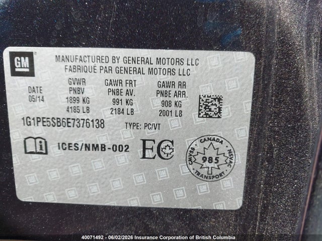 Продаж на аукціоні авто 2014 Chevrolet Cruze Lt, vin: 1G1PE5SB6E7376138, номер лоту: 40071492