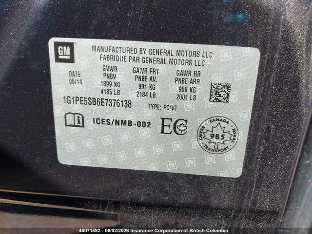 Продаж на аукціоні авто 2014 Chevrolet Cruze Lt, vin: 1G1PE5SB6E7376138, номер лоту: 40071492