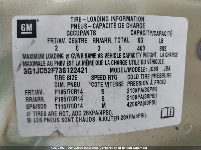 Продаж на аукціоні авто 2003 Chevrolet Cavalier, vin: 3G1JC52F73S122421, номер лоту: 40072893