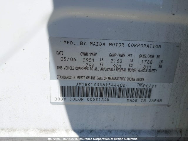 2006 Mazda 3 S მანქანა იყიდება აუქციონზე, vin: JM1BK123561544402, აუქციონის ნომერი: 40072896