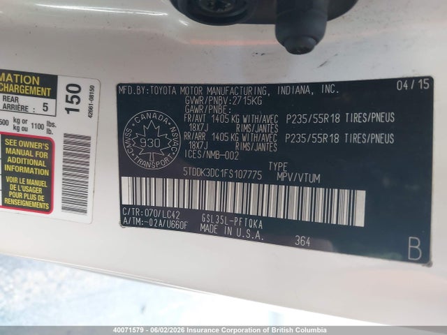 Aukcja sprzedaży 2015 Toyota Sienna Xle/limited, vin: 5TDDK3DC1FS107775, numer aukcji: 40071579