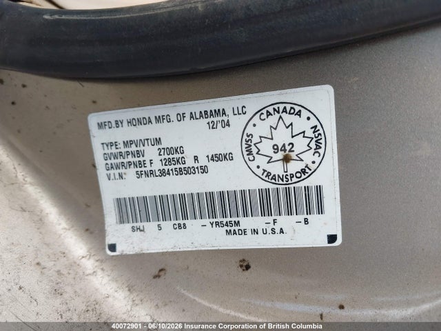 Aukcja sprzedaży 2005 Honda Odyssey Ex, vin: 5FNRL38415B503150, numer aukcji: 40072901