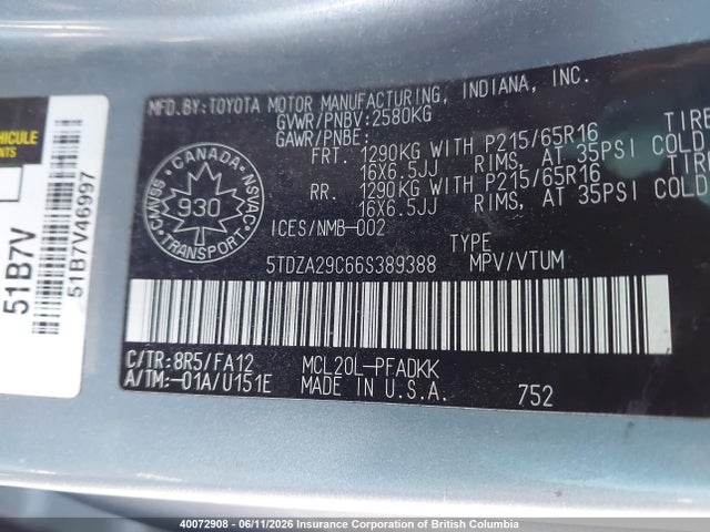 40072908 :رقم المزاد ، 5TDZA29C66S389388 vin ، 2006 Toyota Sienna Ce مزاد بيع