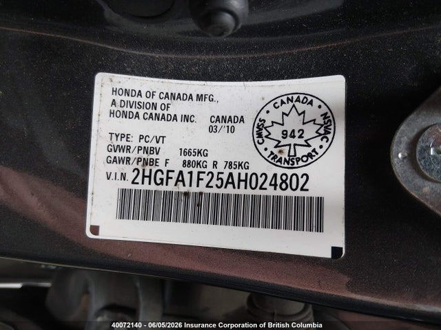 2010 Honda Civic Dx მანქანა იყიდება აუქციონზე, vin: 2HGFA1F25AH024802, აუქციონის ნომერი: 40072140
