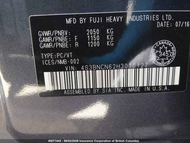 Aukcja sprzedaży 2017 Subaru Legacy 2.5i Limited, vin: 4S3BNCN62H3010127, numer aukcji: 40071443