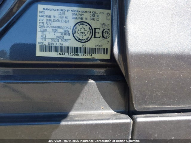 Продажа на аукционе авто 2006 Nissan Altima S/sl, vin: 1N4AL11D06C135124, номер лота: 40072924
