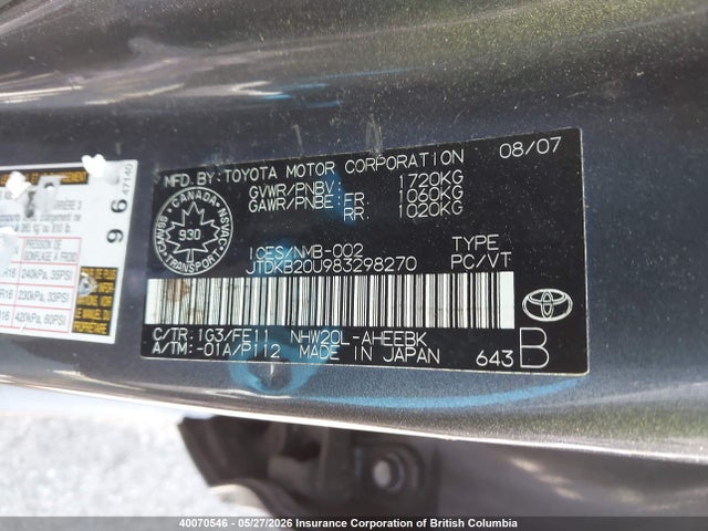 40070546 :رقم المزاد ، JTDKB20U983298270 vin ، 2008 Toyota Prius مزاد بيع