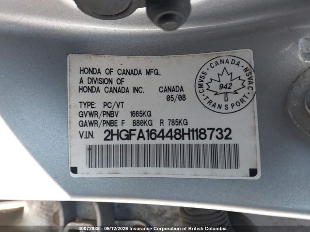 2008 Honda Civic მანქანა იყიდება აუქციონზე, vin: 2HGFA16448H118732, აუქციონის ნომერი: 40072935