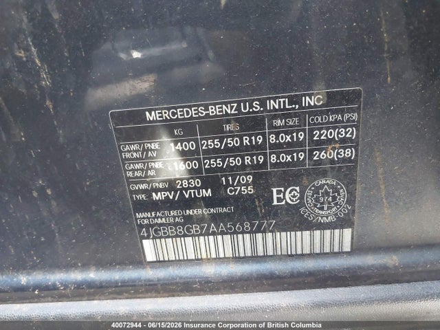 Aukcja sprzedaży 2010 Mercedes-benz Ml 350 4matic, vin: 4JGBB8GB7AA568777, numer aukcji: 40072944