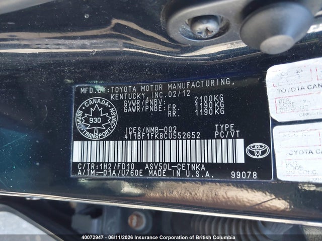 40072947 :رقم المزاد ، 4T1BF1FK8CU552652 vin ، 2012 Toyota Camry مزاد بيع