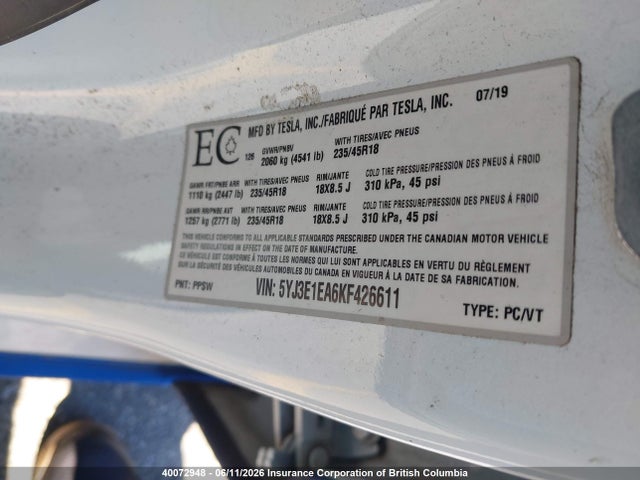 Продаж на аукціоні авто 2019 Tesla Model 3, vin: 5YJ3E1EA6KF426611, номер лоту: 40072948