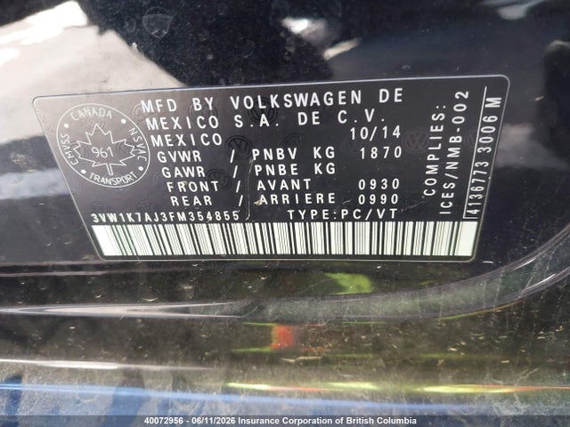 Volkswagen Jetta 2015 3VW1K7AJ3FM354855 Image 9