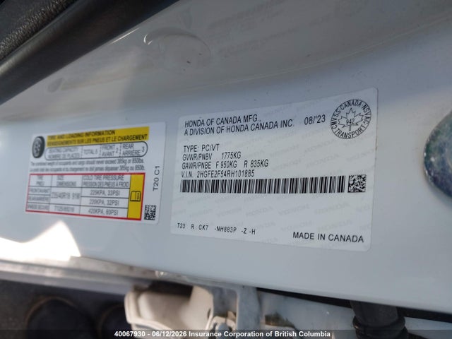 40067930 :رقم المزاد ، 2HGFE2F54RH101885 vin ، 2024 Honda Civic Sport مزاد بيع
