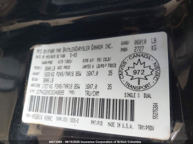 40072986 :رقم المزاد ، 1D7HG32X53S348899 vin ، 2003 Dodge Dakota Sport مزاد بيع