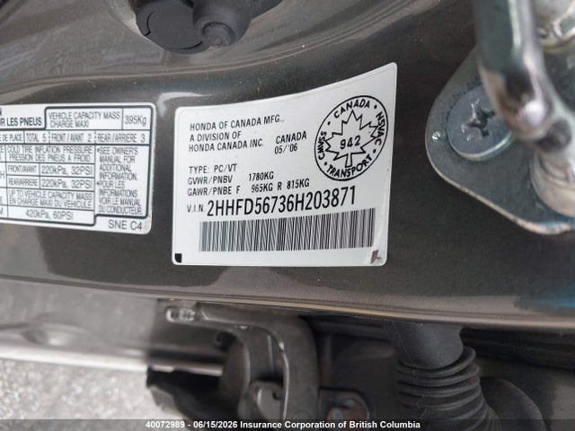 Продажа на аукционе авто 2006 Acura Csx, vin: 2HHFD56736H203871, номер лота: 40072989