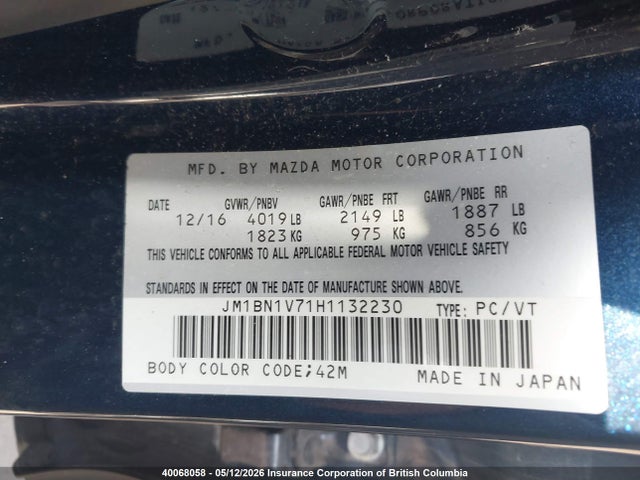Aukcja sprzedaży 2017 Mazda 3 Touring, vin: JM1BN1V71H1132230, numer aukcji: 40068058