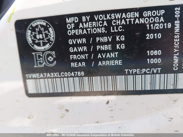 2020 Volkswagen Passat Execline მანქანა იყიდება აუქციონზე, vin: 1VWEA7A3XLC004786, აუქციონის ნომერი: 40072993