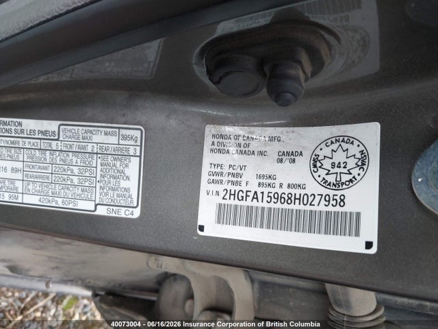 40073004 :رقم المزاد ، 2HGFA15968H027958 vin ، 2008 Honda Civic مزاد بيع